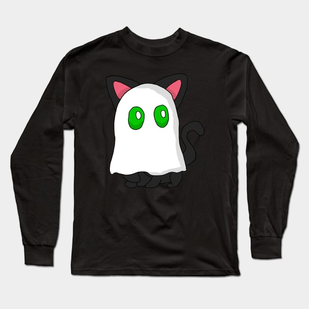 Cartoon Ghost Cat Long Sleeve T-Shirt by deadlydelicatedesigns